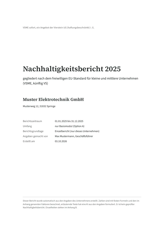 Deckblatt eines VSME-Nachhaltigkeitsberichts 2025 für einen Elektrobetrieb mit acht Beschäftigten